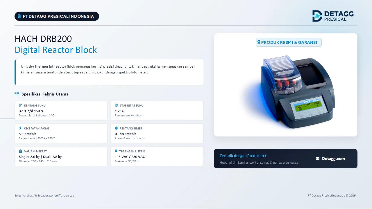 Spesifikasi teknis Hach DRB200 Digital Reactor Block dari PT Detagg Presical Indonesia