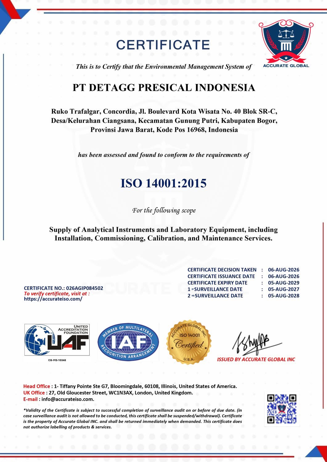 Sertifikat ISO 14001:2015 PT Detagg Presical Indonesia dari Accurate Global