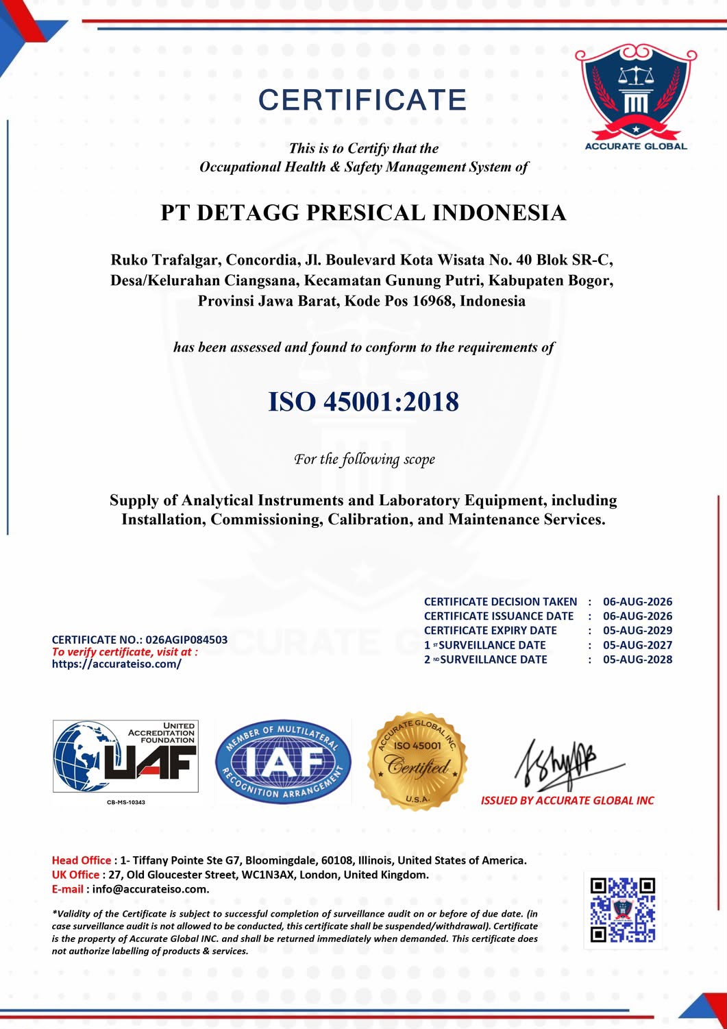 Sertifikat ISO 45001:2018 PT Detagg Presical Indonesia dari Accurate Global
