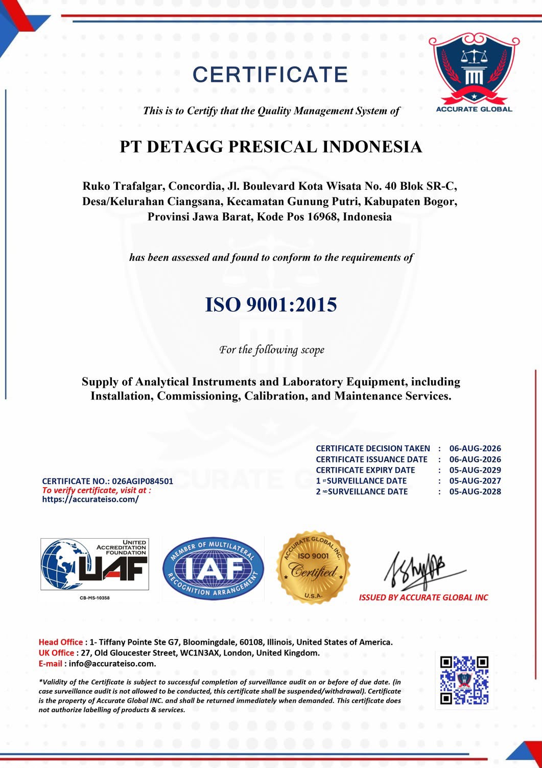 Sertifikat ISO 9001:2015 PT Detagg Presical Indonesia dari Accurate Global