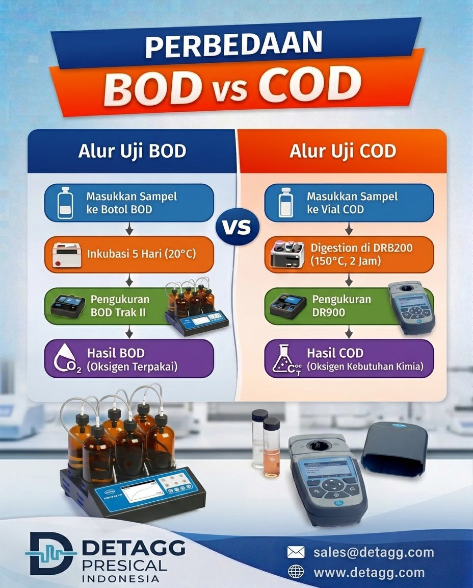 Infografis perbedaan alur uji BOD vs COD dengan instrumen Hach dari PT Detagg Presical Indonesia