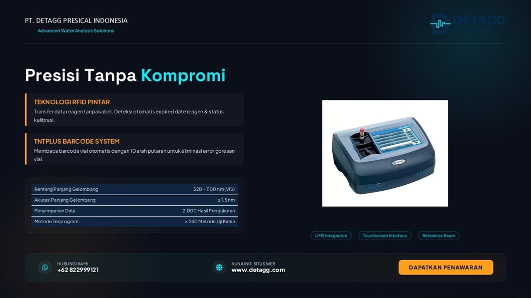 Teknologi spektrofotometer UV-Vis laboratorium untuk analisis air dengan sistem RFID dan TNTplus dari PT Detagg Presical Indonesia