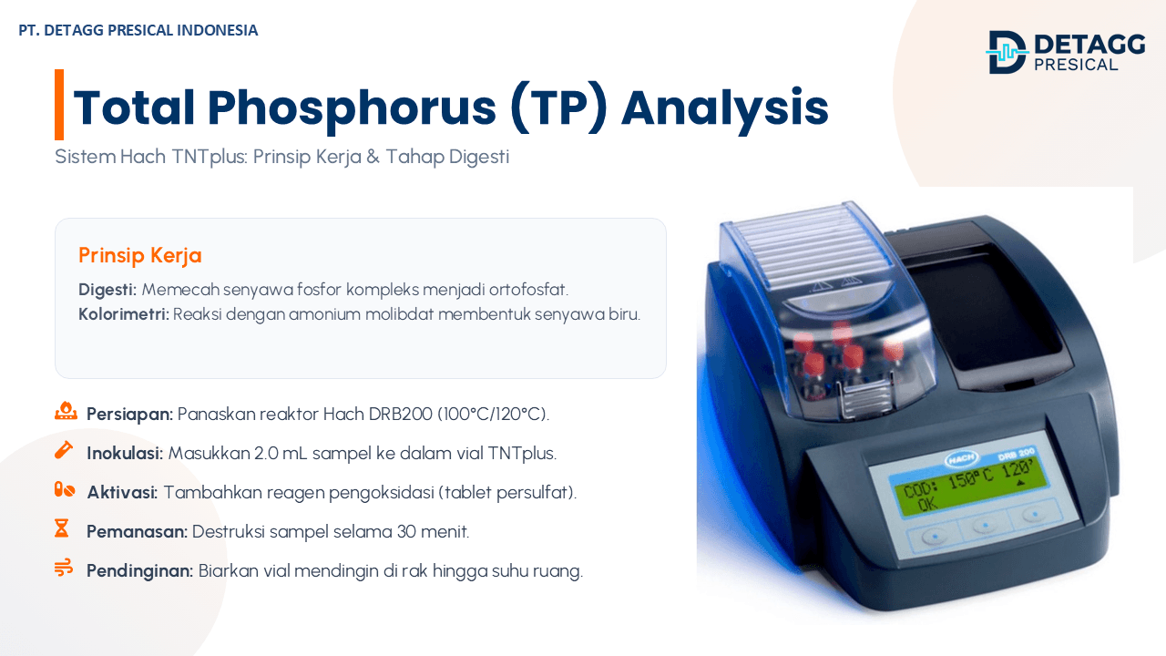 Total Phosphorus (TP) Analysis: prinsip kerja dan tahap digesti sistem Hach TNTplus dengan reaktor DRB200 dari PT Detagg Presical Indonesia