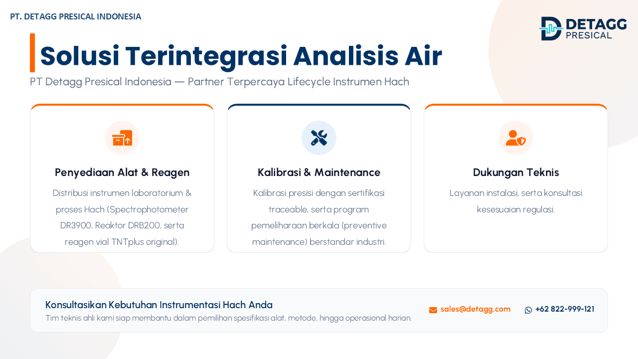 Solusi terintegrasi analisis air PT Detagg Presical Indonesia: penyediaan alat & reagen, kalibrasi & maintenance, dan dukungan teknis Hach
