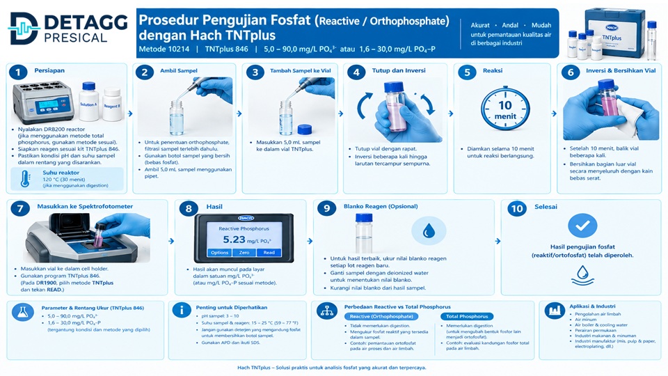 Infografis prosedur pengujian fosfat (Reactive/Orthophosphate) dengan Hach TNTplus 846 dari PT Detagg Presical Indonesia